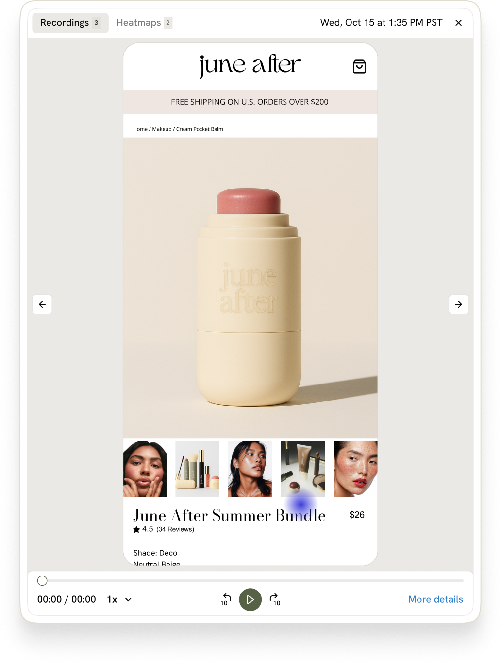 Session recording: shopper exploring June After Cream Pocket Balm PDP