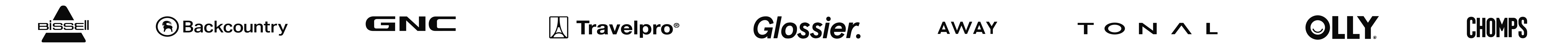 Bissell, Backcountry, GNC, Travelpro, Glossier, AWAY, TONAL, OLLY, CHOMPS